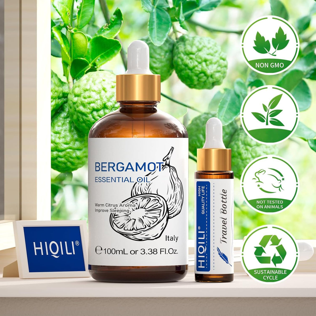 HIQILI Bergamot Essential Oil bottles with organic and fresh badges