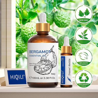 HIQILI Bergamot Essential Oil bottles with organic and fresh badges