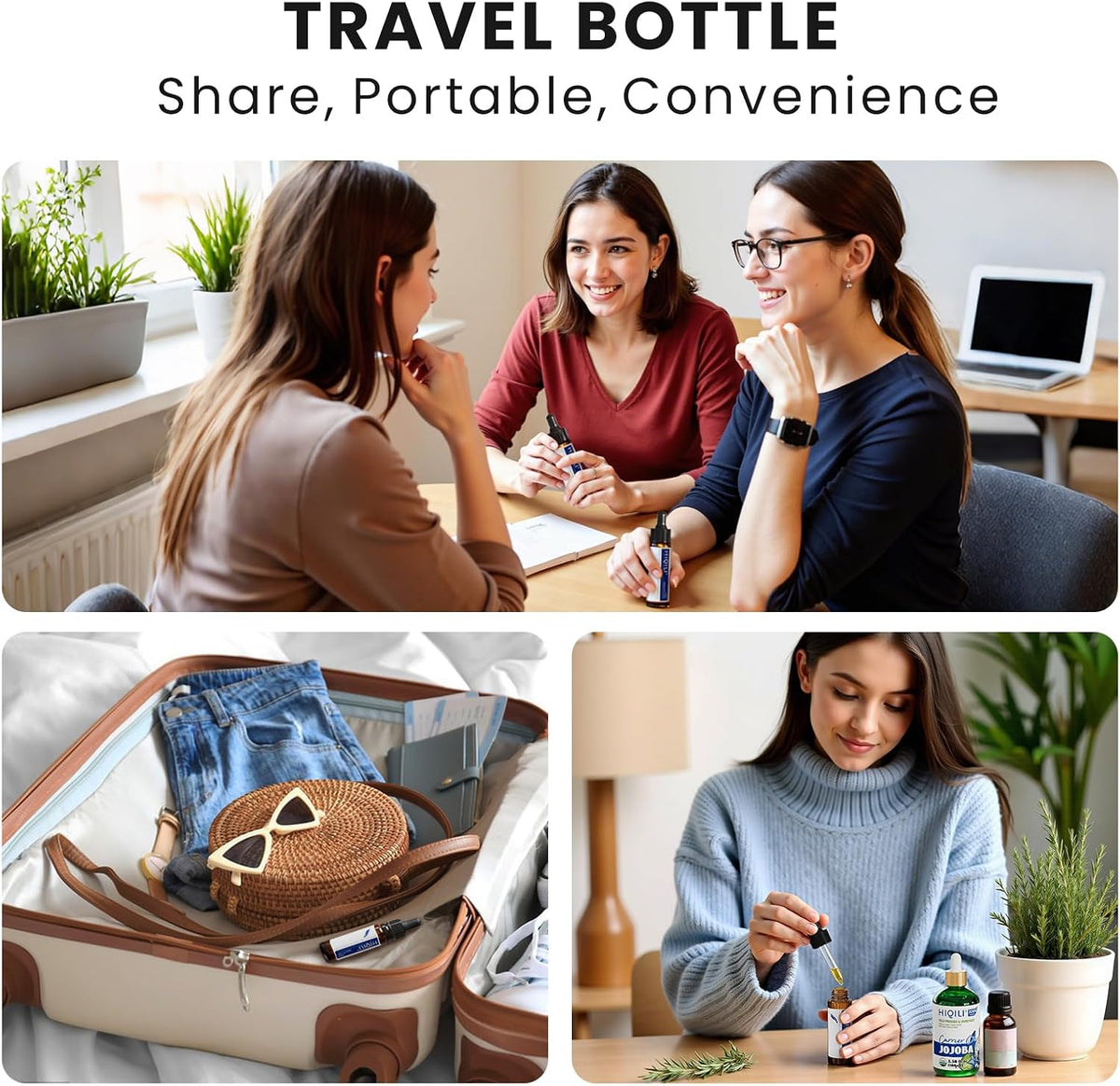 HIQILI Peppermint Essential Oil travel bottle shown in office, bag and desk settings
