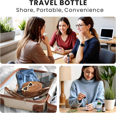 HIQILI Peppermint Essential Oil travel bottle shown in office, bag and desk settings