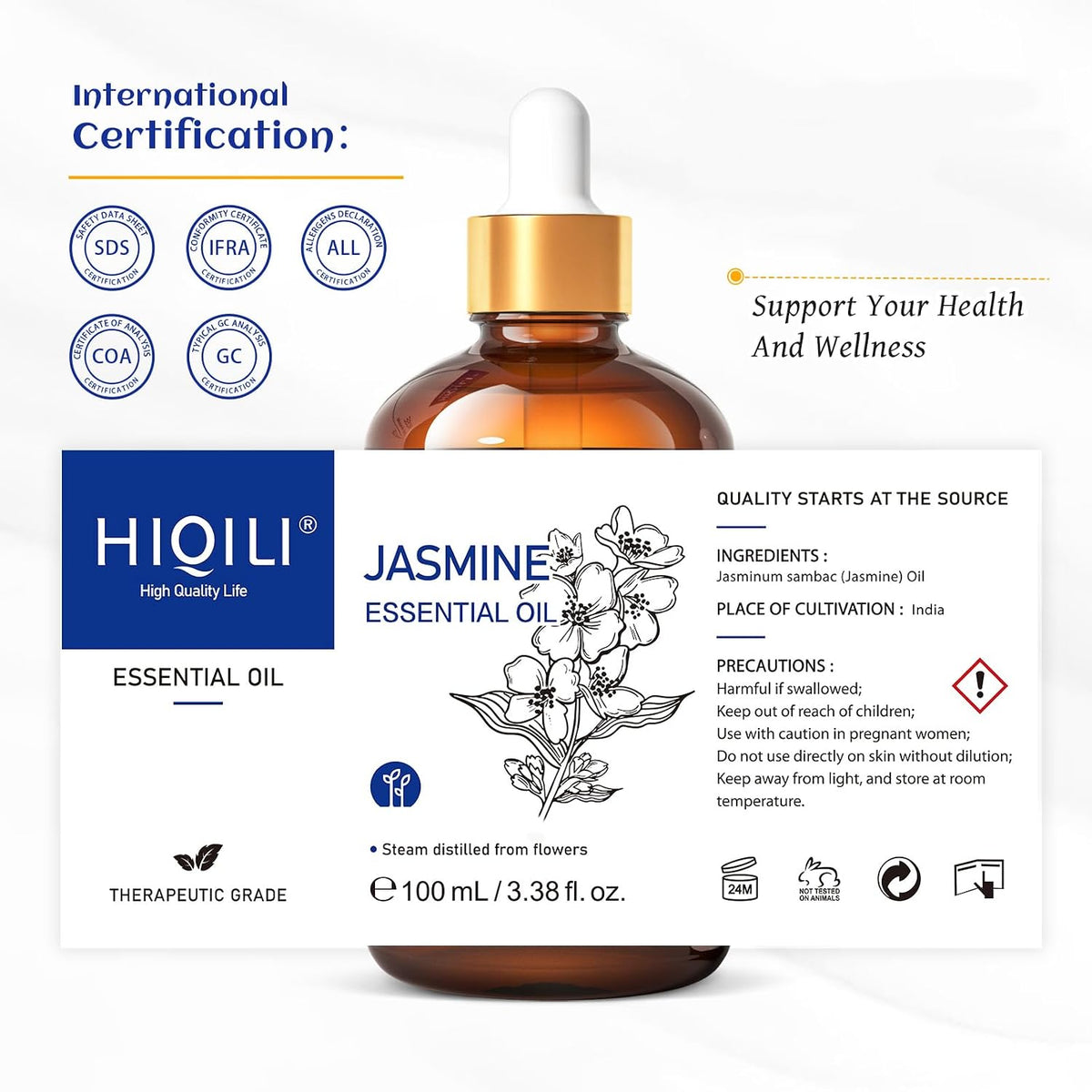 HIQILI Jasmine Essential Oil international certification and purity graphic