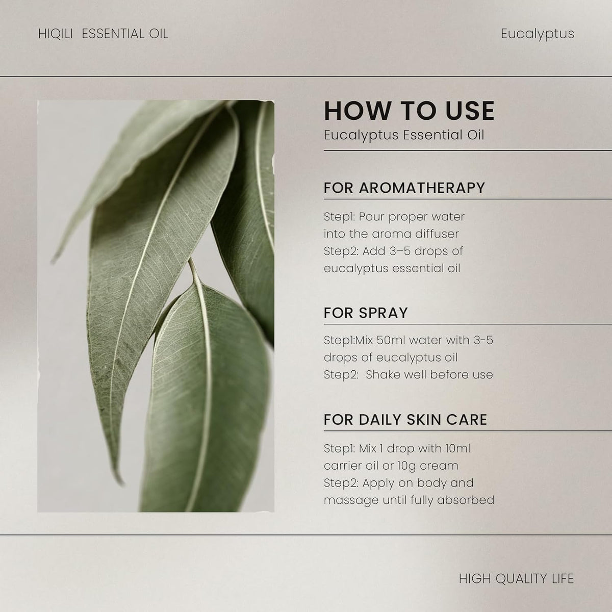 HIQILI Globulus Eucalyptus Essential Oil how-to-use card for aromatherapy, spray and skin care