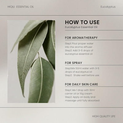 HIQILI Globulus Eucalyptus Essential Oil how-to-use card for aromatherapy, spray and skin care