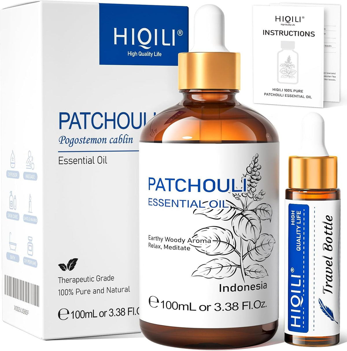 HIQILI Patchouli Essential Oil 100 mL box with amber bottle and travel bottle