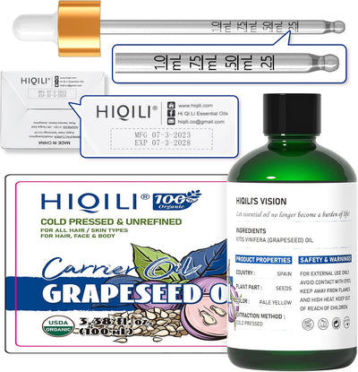 Organic Grapeseed Oil - Lightweight Carrier Oil for Skin, Hair & DIY Care