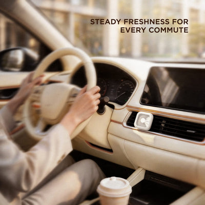 White vent air freshener clipped to a center console blower while a driver holds the wheel on a commute