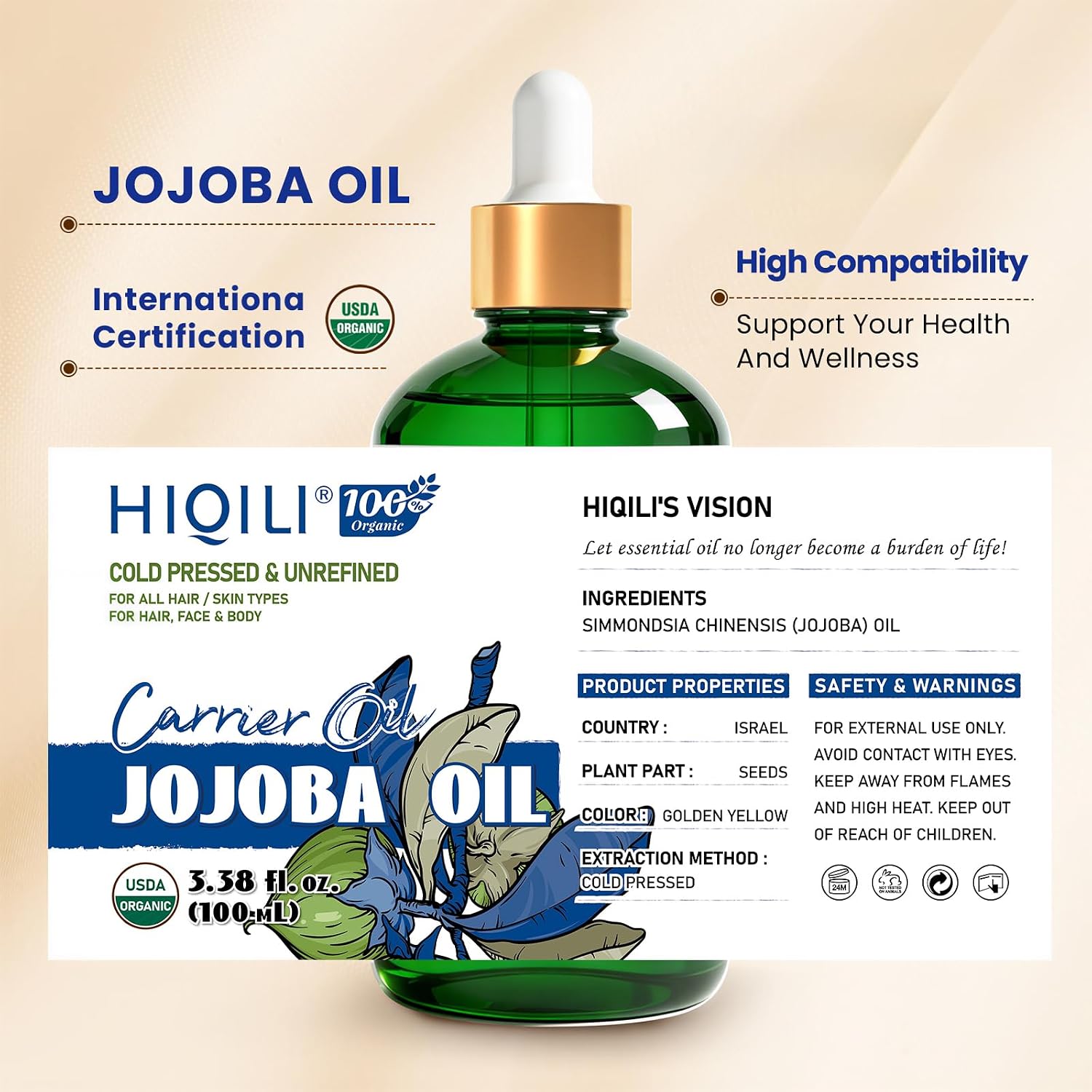 Organic Jojoba Oil - Cold-Pressed Carrier Oil for Skin, Hair & Blends