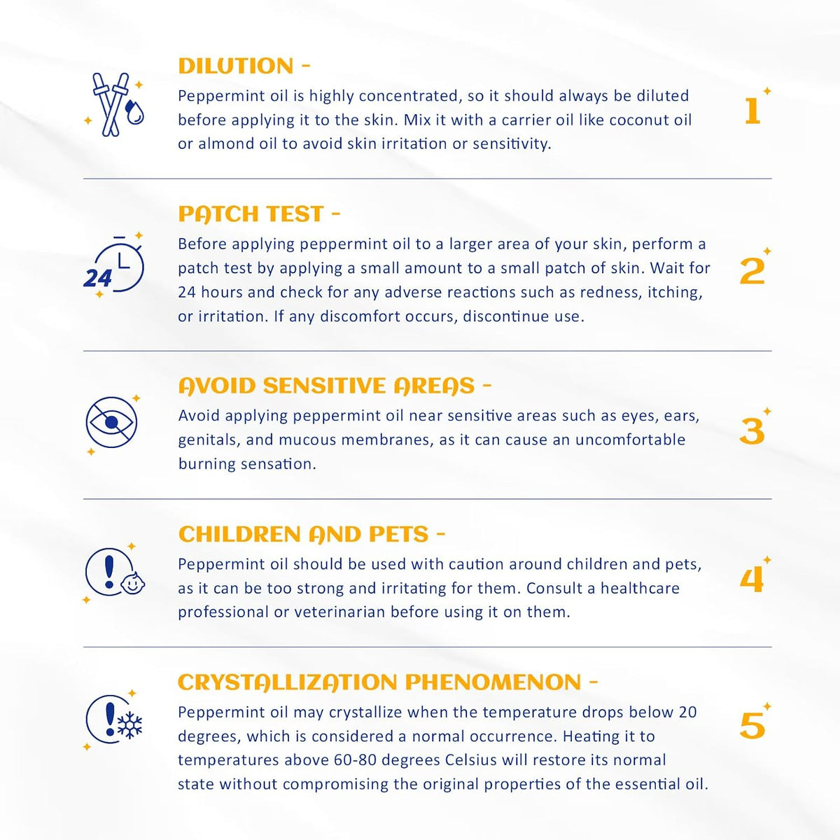 HIQILI Peppermint Essential Oil safety card covering dilution, patch test, children and pets
