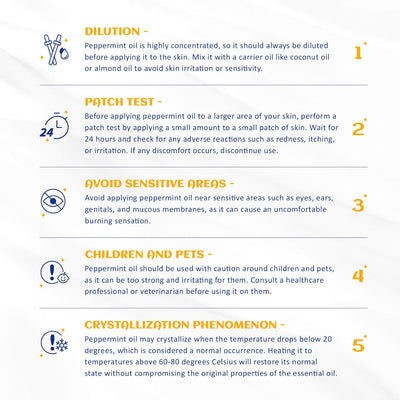 HIQILI Peppermint Essential Oil safety card covering dilution, patch test, children and pets