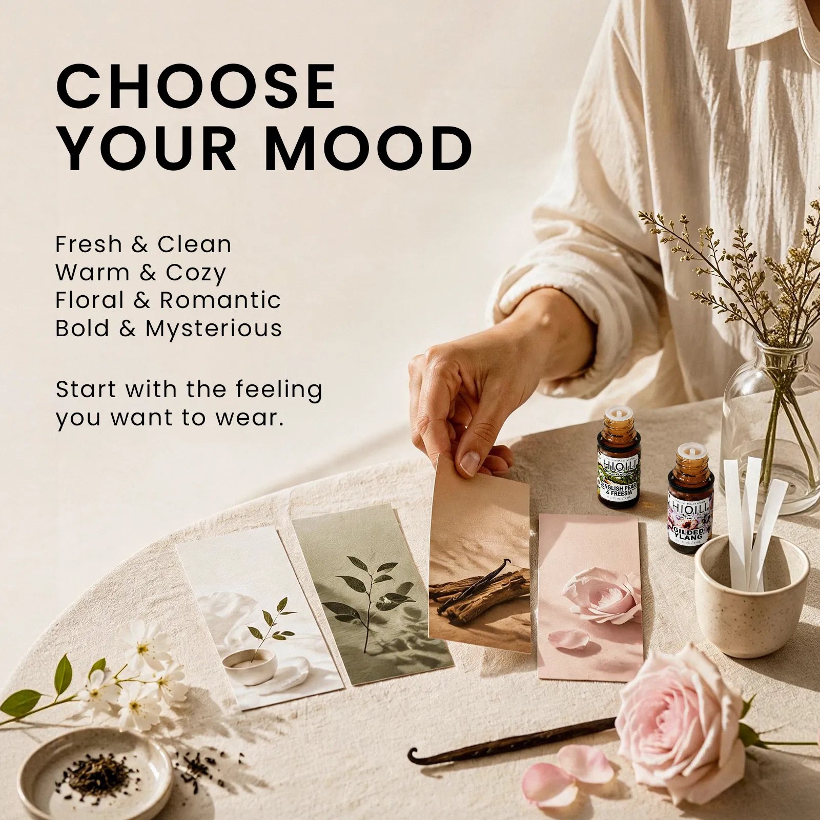 Choose your scent mood fragrance guide featuring fresh, warm, floral, and bold fragrance categories with scent cards and fragrance oils