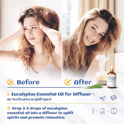 HIQILI Before and after using HIQILI Globulus Eucalyptus Essential Oil in a diffuser to uplift spirit and relieve stress.