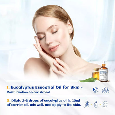 HIQILI Woman enjoying skin moisturization after applying diluted HIQILI Eucalyptus Essential Oil with carrier oil.