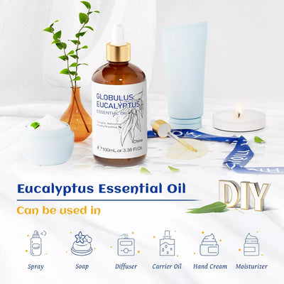 HIQILI Eucalyptus Essential Oil for DIY projects like making room spray, handmade soap, and moisturizers.