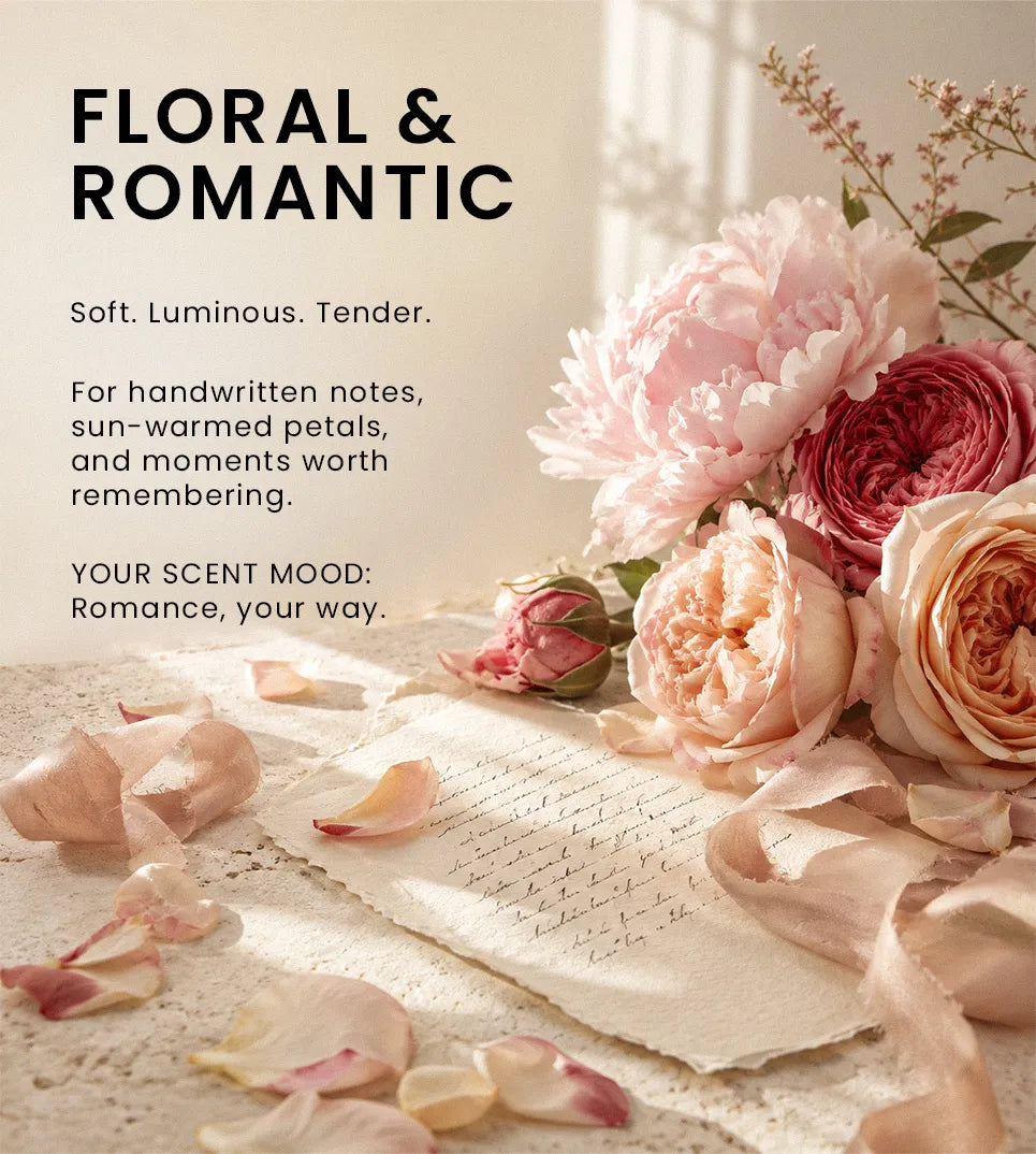 Floral and romantic fragrance mood with soft pink peonies, roses, handwritten notes, and a warm elegant atmosphere for scent discovery