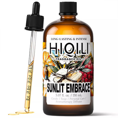 A 150mL bottle of sunlit embrace fragrance oil in an amber glass bottle with a dropper. The label is visible.