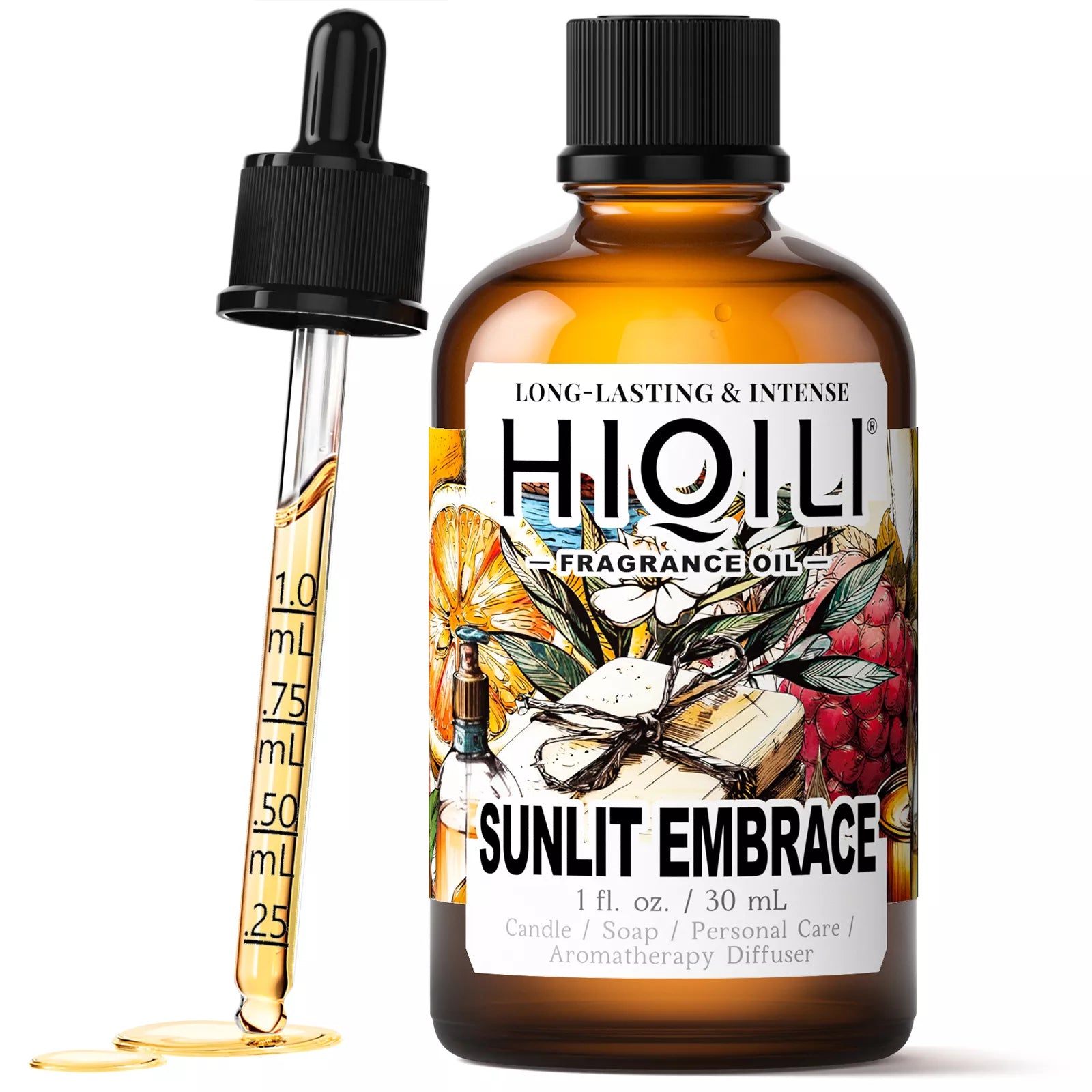 A 30mL bottle of sunlit embrace fragrance oil in an amber glass bottle with a dropper. The label is visible.