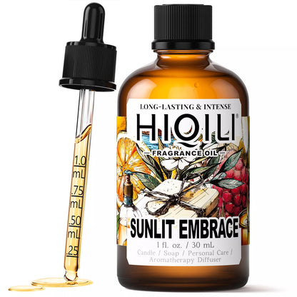 A 30mL bottle of sunlit embrace fragrance oil in an amber glass bottle with a dropper. The label is visible.
