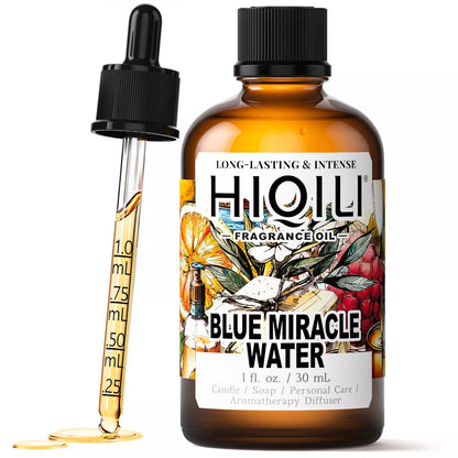 A 30mL bottle of blue miracle water fragrance oil in an amber glass bottle with a dropper. The label is visible.