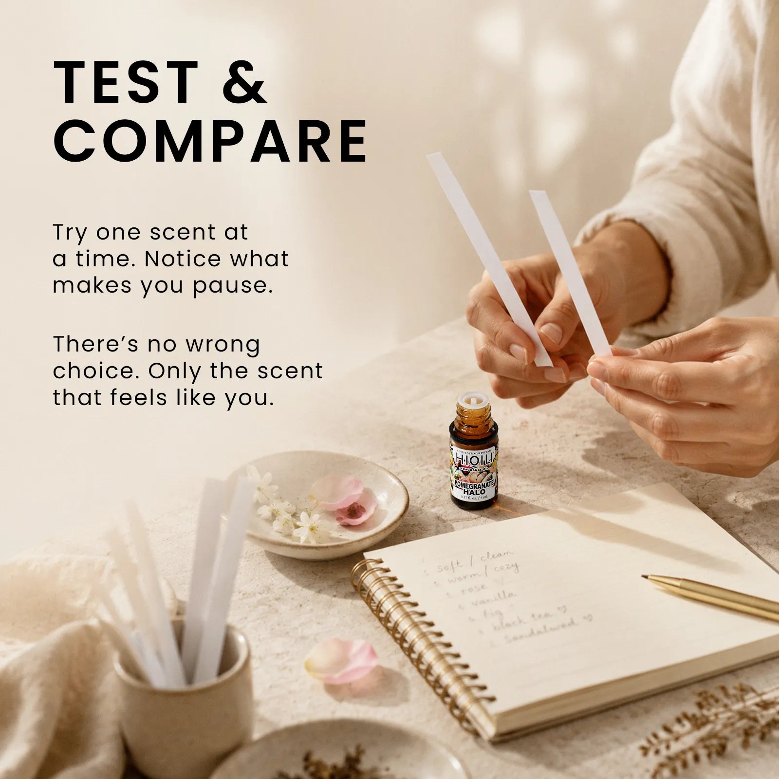 Fragrance testing scene with scent strips, perfume oil bottles, notebook, and a calm space for comparing different aromas