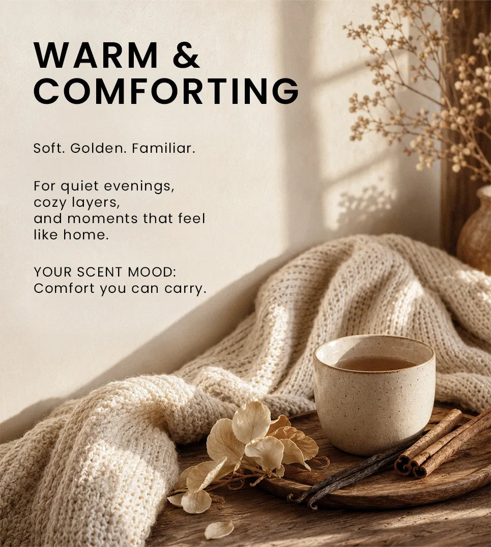 Warm and comforting fragrance mood featuring cozy blankets, vanilla, cinnamon, dried flowers, and a relaxing home atmosphere
