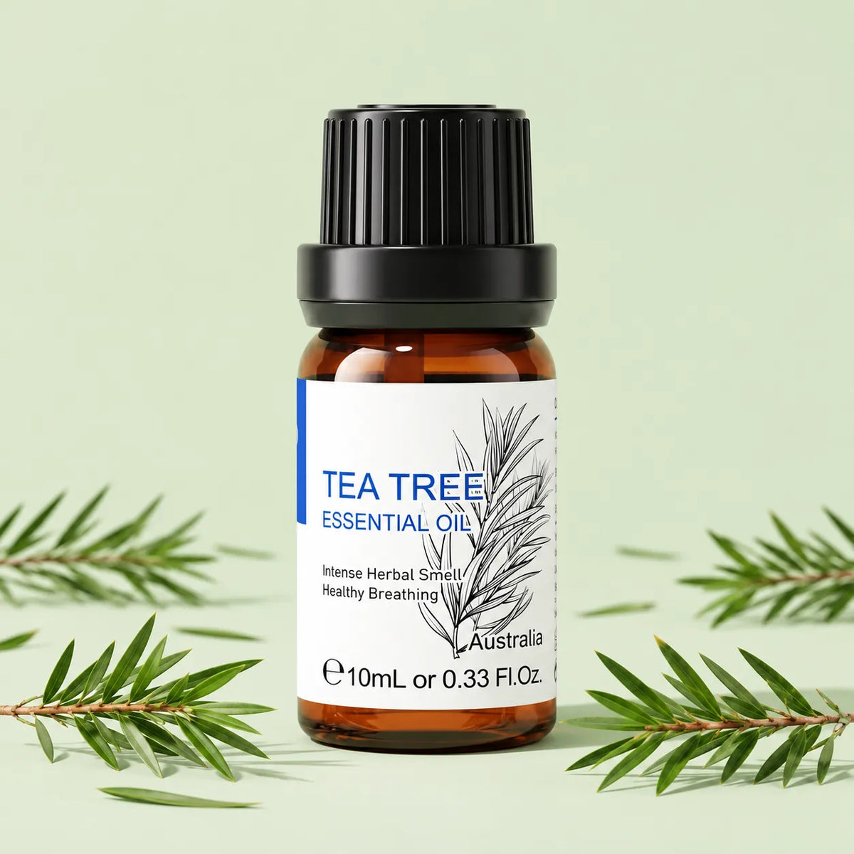 HIQILI Tea Tree Essential Oil 10 mL amber bottle with tea tree leaves