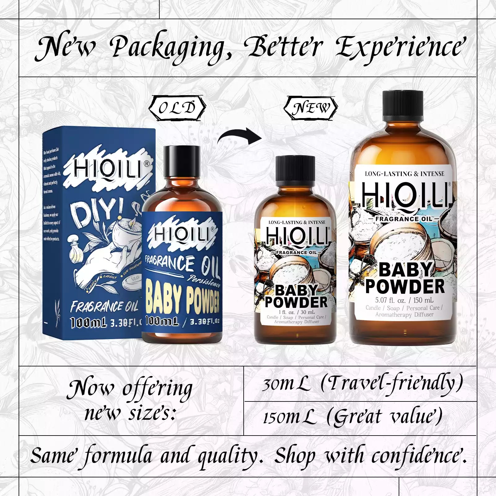 Baby Powder fragrance oil new packaging showing 30 mL travel size and 150 mL value size bottles