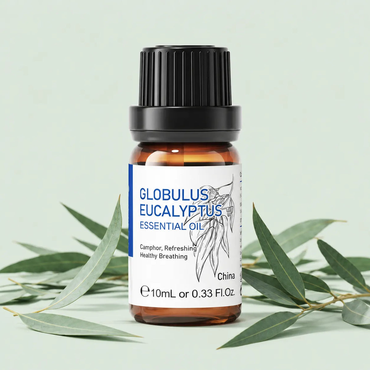 HIQILI Globulus Eucalyptus Essential Oil 10 mL amber bottle with eucalyptus leaves