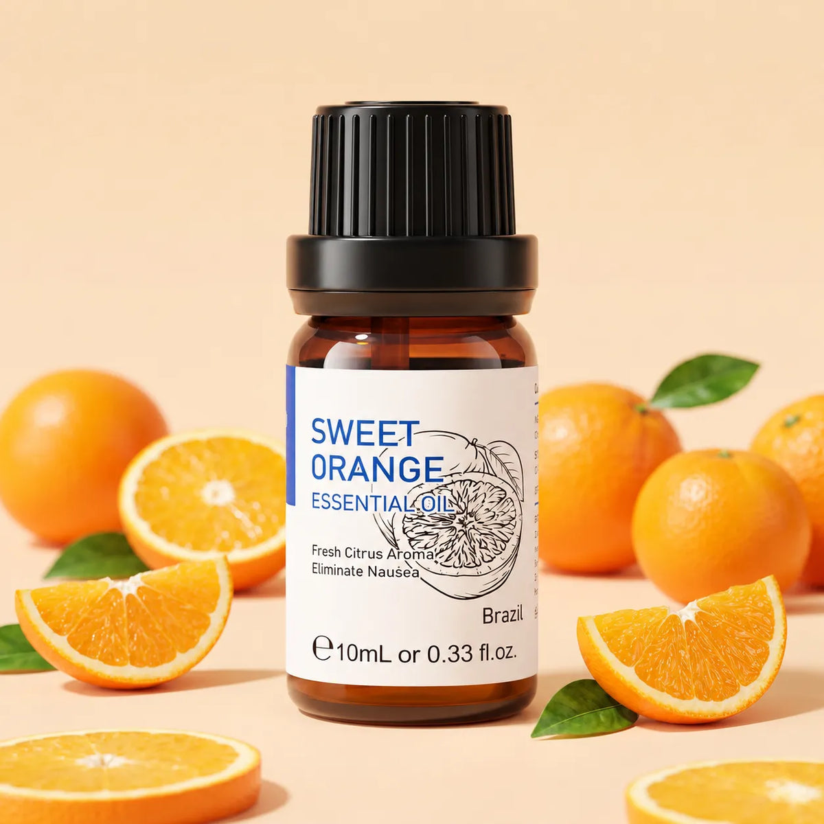HIQILI Sweet Orange Essential Oil 10 mL amber bottle with fresh orange slices
