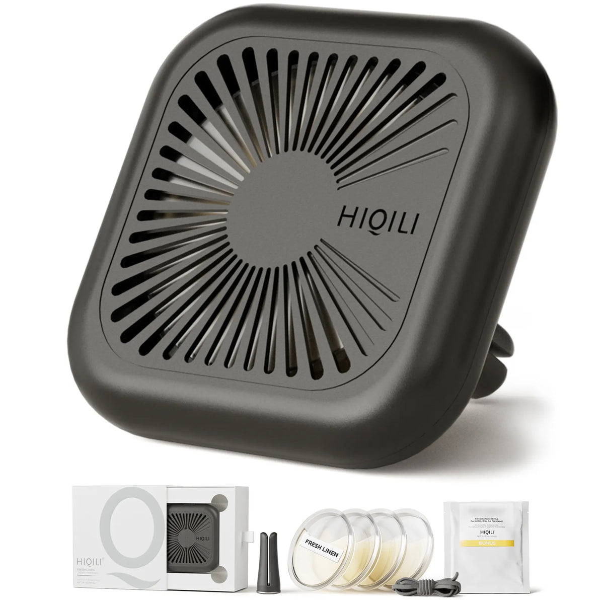 Charcoal gray HIQILI air freshener case with sunburst vent slots, gift box, vent clip, fresh linen discs and cord