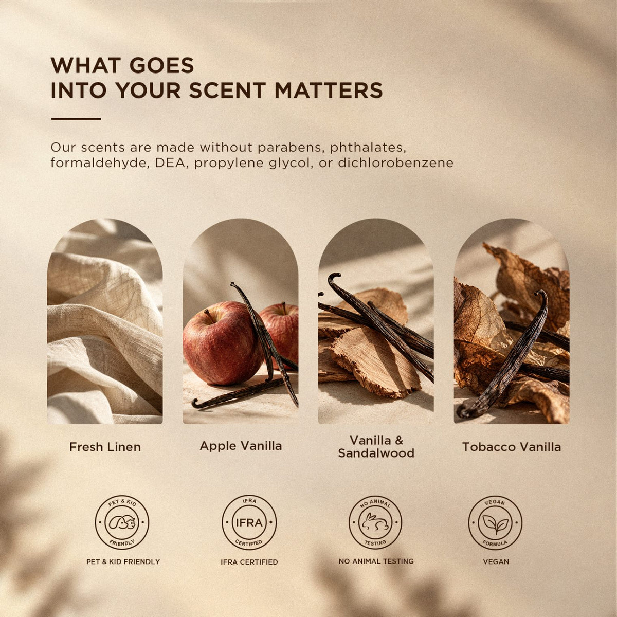Folded linen, apples, sandalwood and vanilla pods showing the HIQILI fresh linen scent family