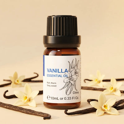 HIQILI Vanilla Essential Oil 10 mL amber bottle with vanilla pods and flowers