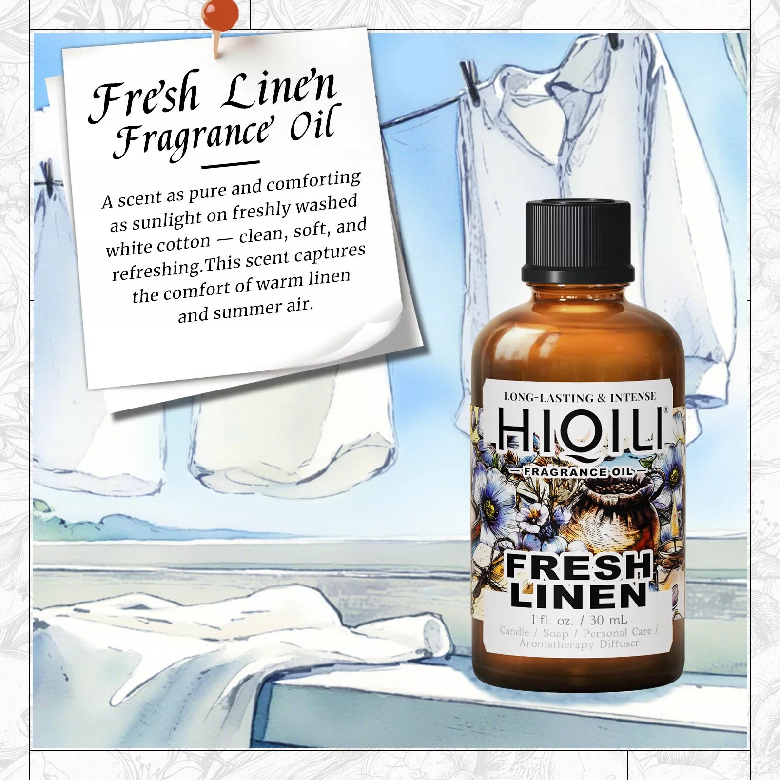 Fresh Linen fragrance oil scent card describing clean white cotton and warm linen notes