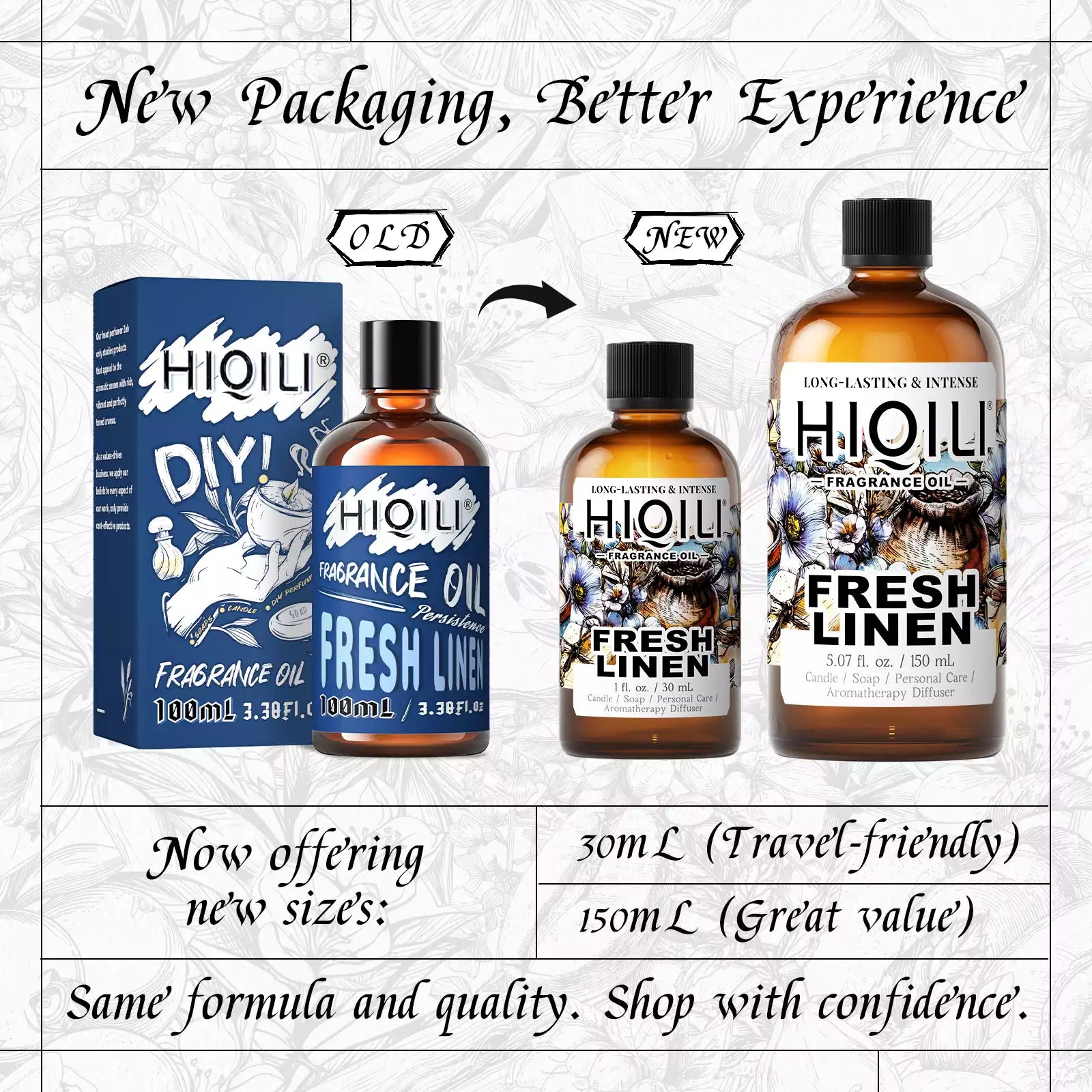 Fresh Linen fragrance oil new packaging showing 30 mL travel size and 150 mL value size bottles