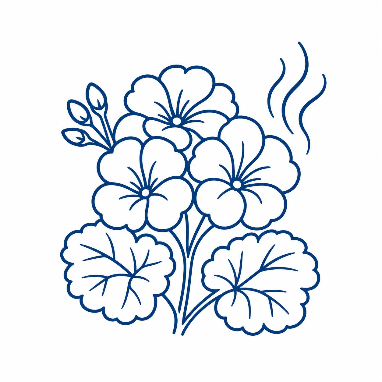 Geranium flowers and leaves with scent waves representing a fresh rose-like floral aroma