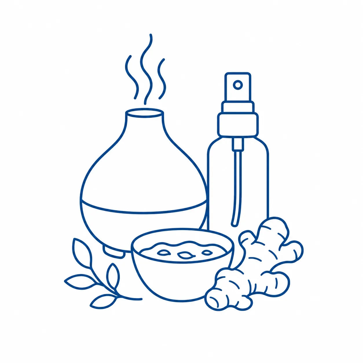 Ginger essential oil with diffuser, spray bottle and bath bowl for DIY fragrance projects