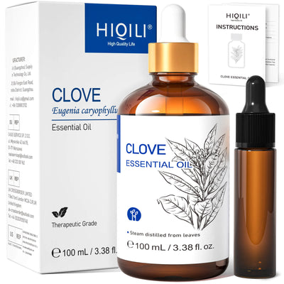 HIQILI Clove Essential Oil 100 mL bottle with box, dropper, and instruction booklet for oral care, aromatherapy, skincare, and DIY use.
