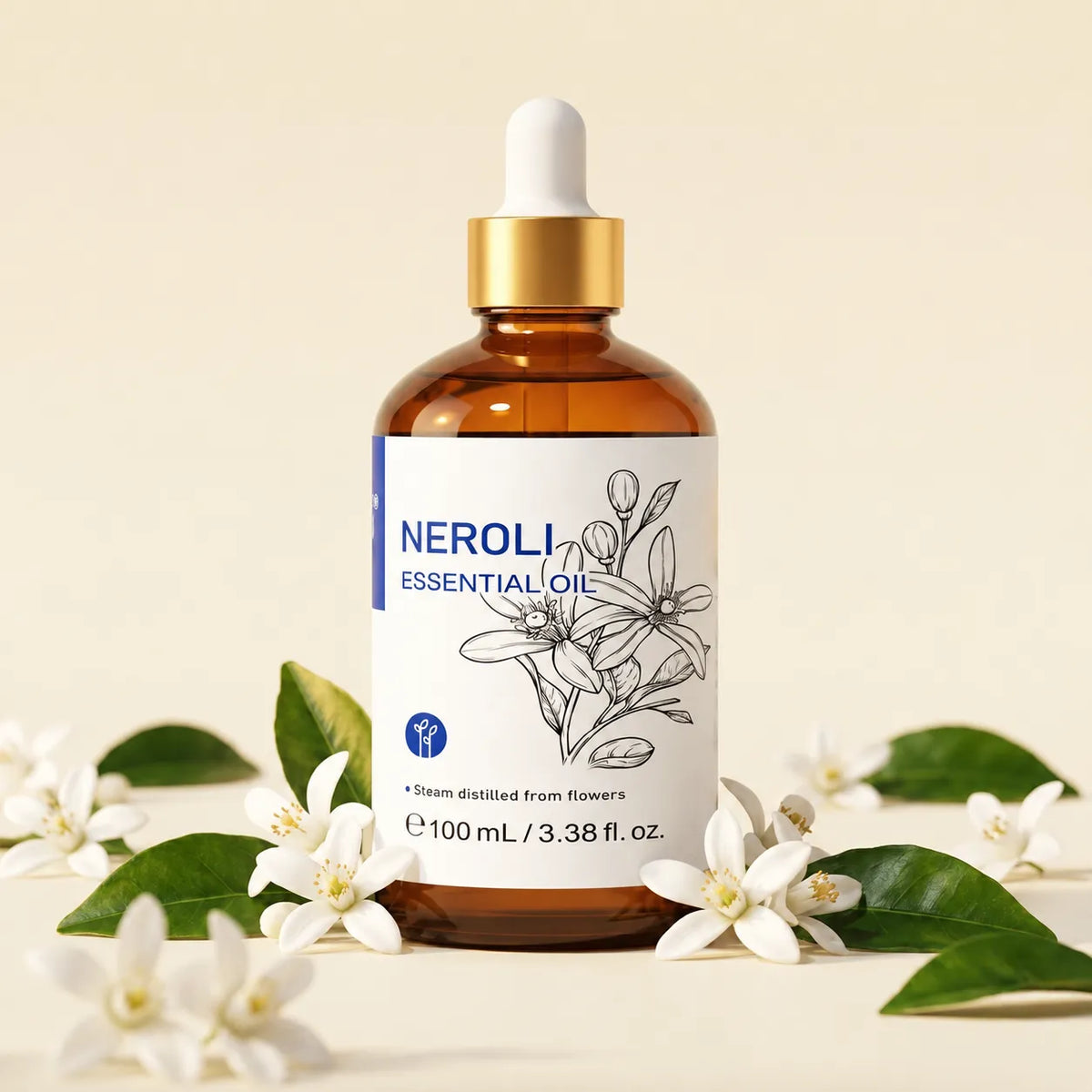 HIQILI Neroli Essential Oil 100 mL amber bottle with white neroli blossoms