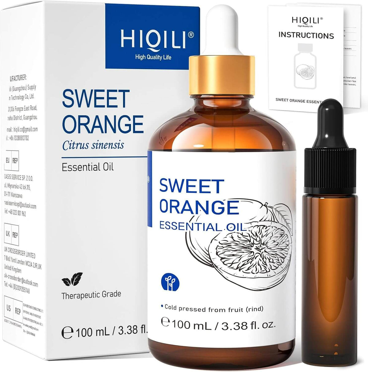 HIQILI Sweet Orange Essential Oil 100 mL bottle with packaging, dropper, and instruction booklet for aromatherapy, skincare, and DIY use.