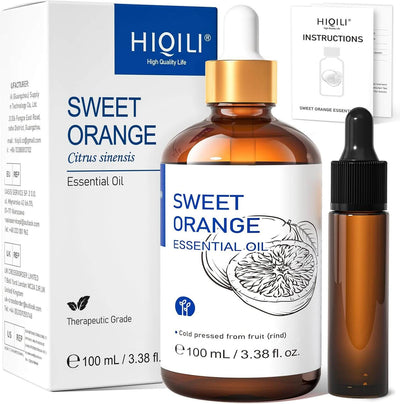 HIQILI Sweet Orange Essential Oil 100 mL bottle with packaging, dropper, and instruction booklet for aromatherapy, skincare, and DIY use.