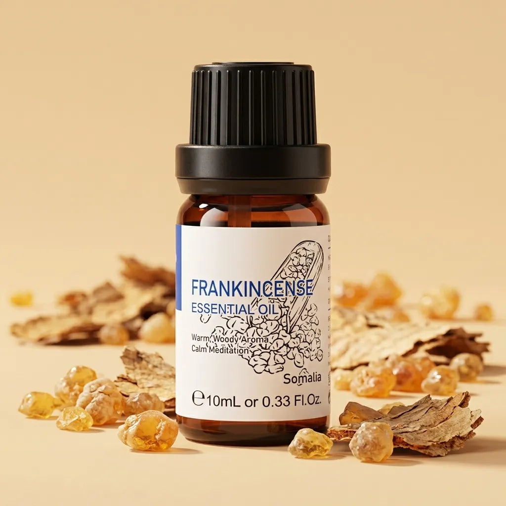 HIQILI Frankincense Essential Oil 10 mL amber bottle with frankincense resin