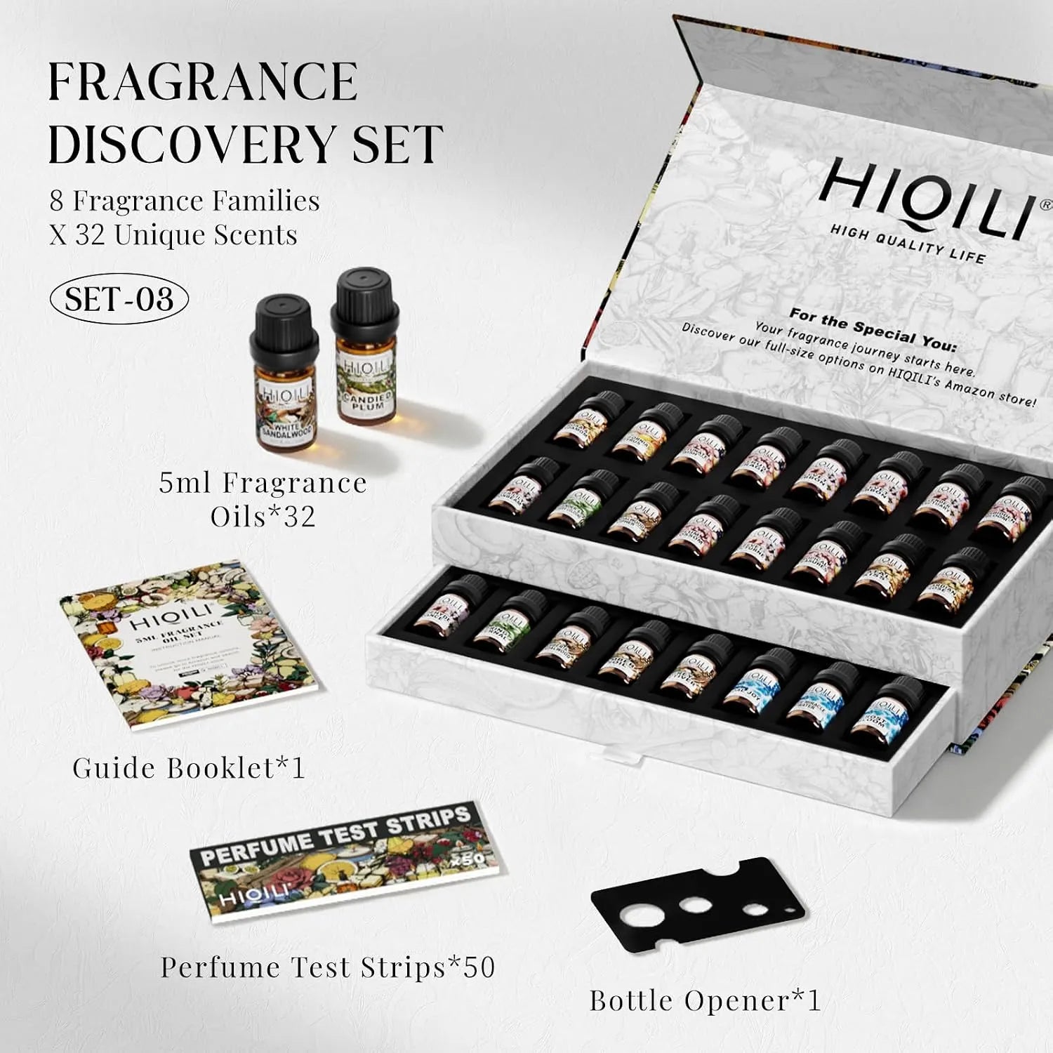 Open HIQILI 32-piece fragrance oil discovery set with 5 mL bottles, test strips, opener, and guide booklet