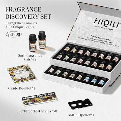 Open HIQILI 32-piece fragrance oil discovery set with 5 mL bottles, test strips, opener, and guide booklet
