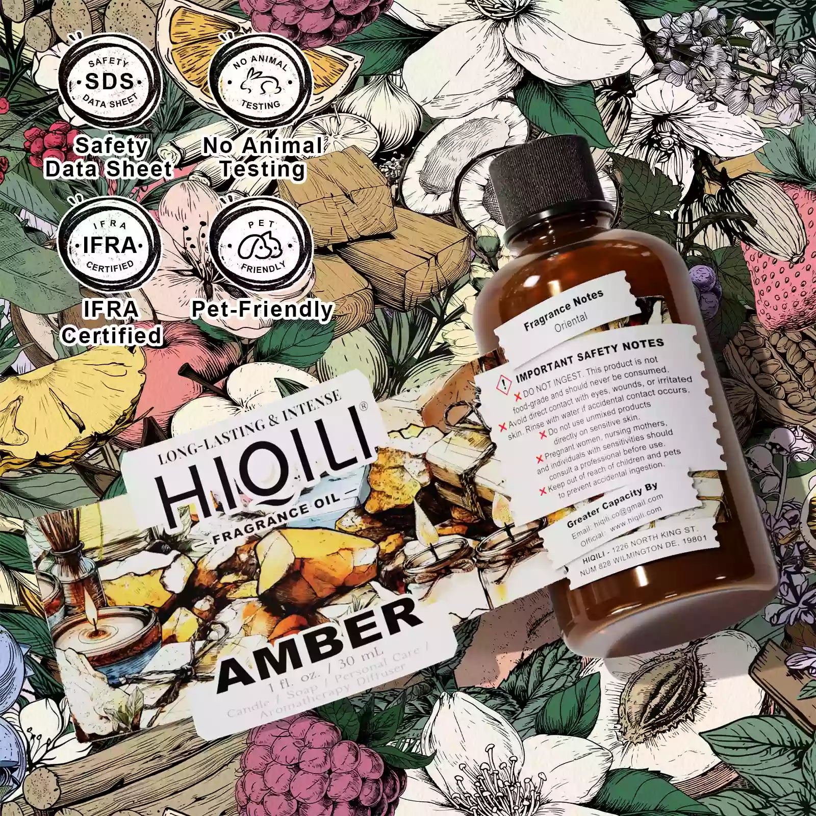 HIQILI Amber Fragrance Oil 30 mL bottle with IFRA and SDS safety notes