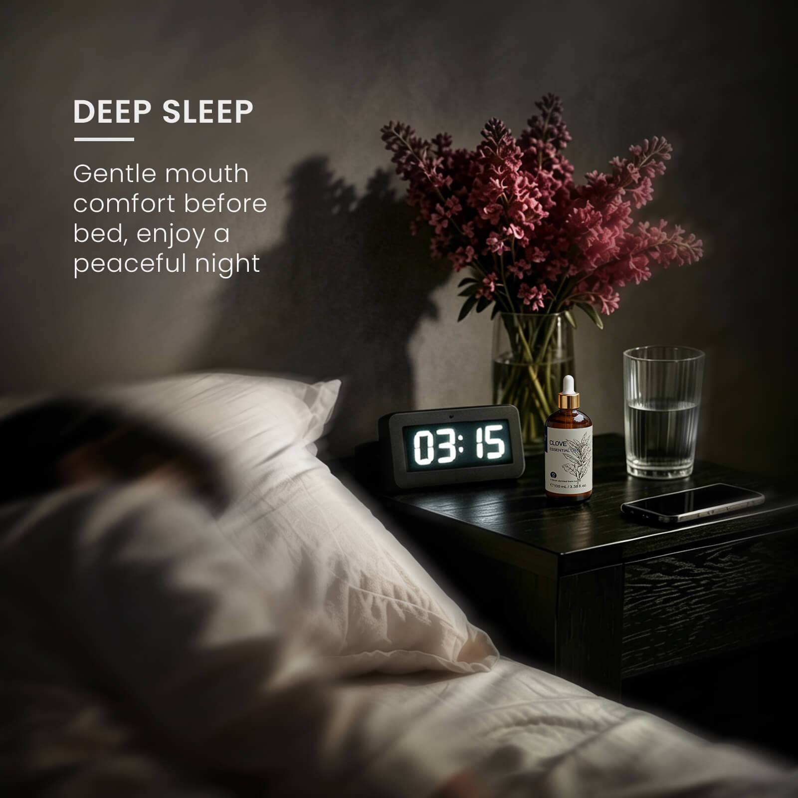 HIQILI Clove Essential Oil used as part of a nighttime oral care routine to soothe mouth discomfort and support restful sleep.