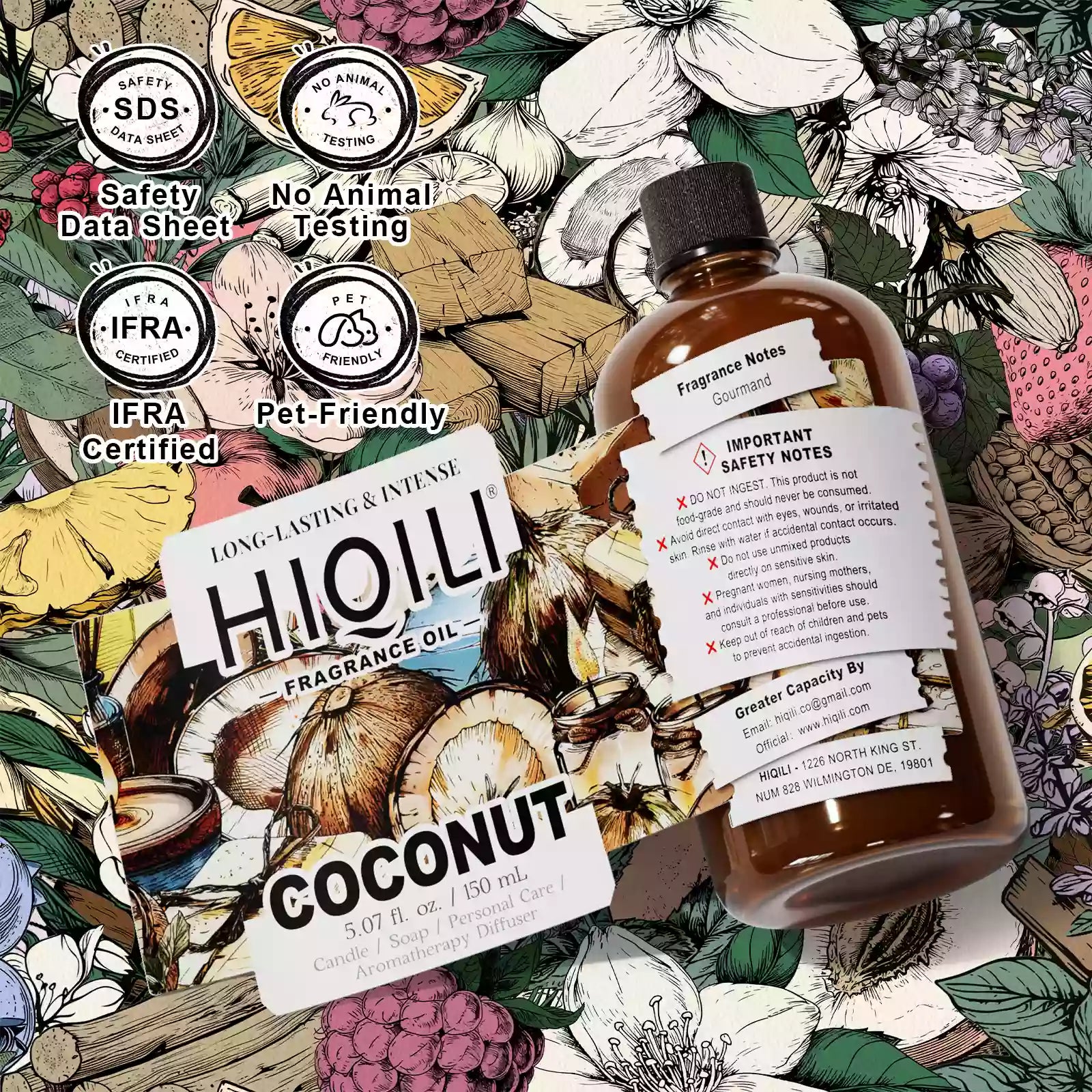 HIQILI Coconut Fragrance Oil 150 mL bottle with IFRA and SDS safety icons
