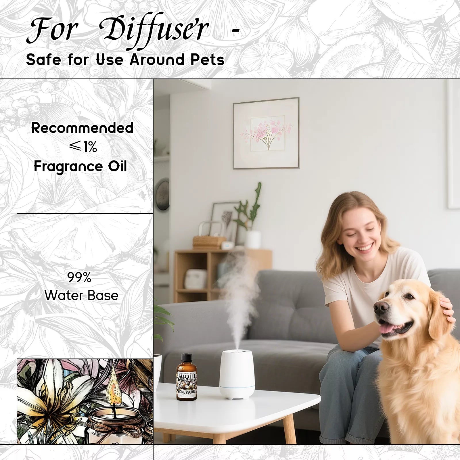 HIQILI Honeysuckle Fragrance Oil 30 mL bottle beside diffuser in a home with a dog