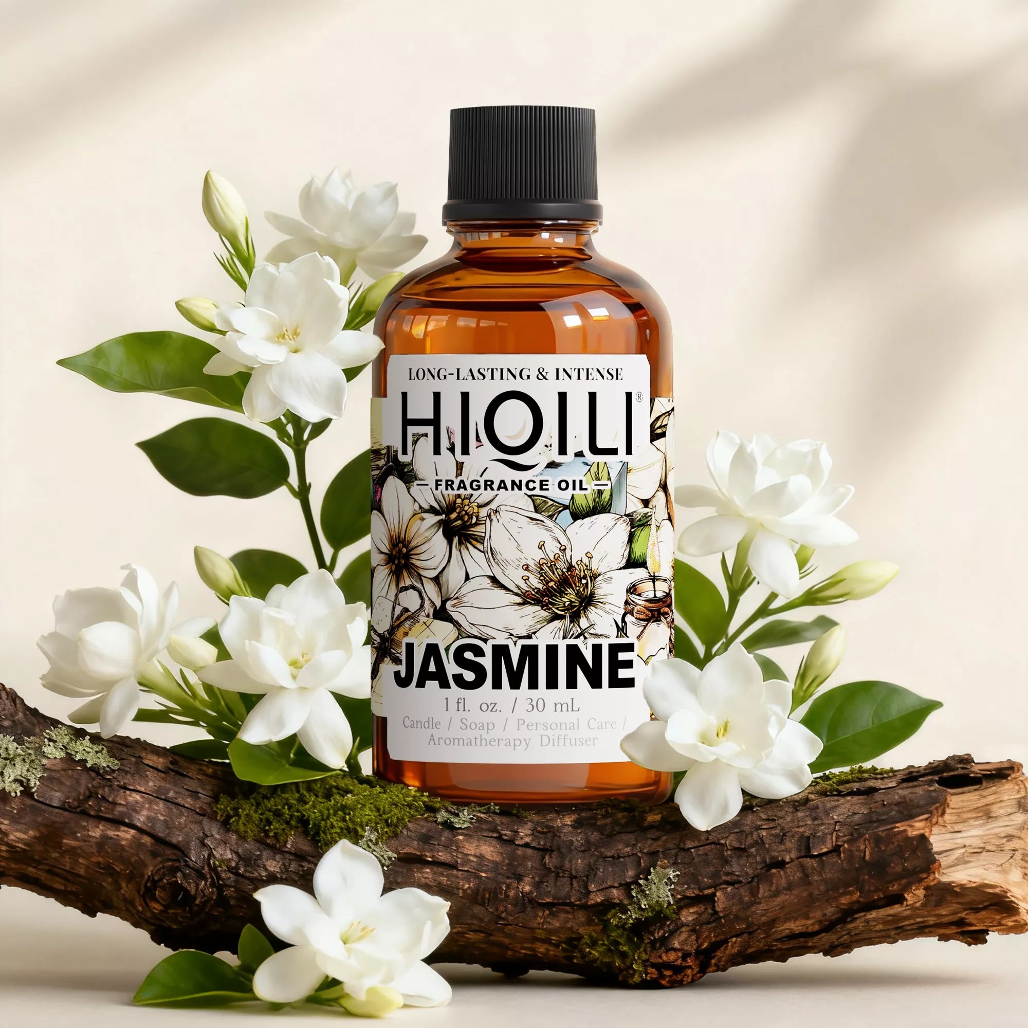 HIQILI Jasmine Fragrance Oil 30 mL bottle with jasmine flowers