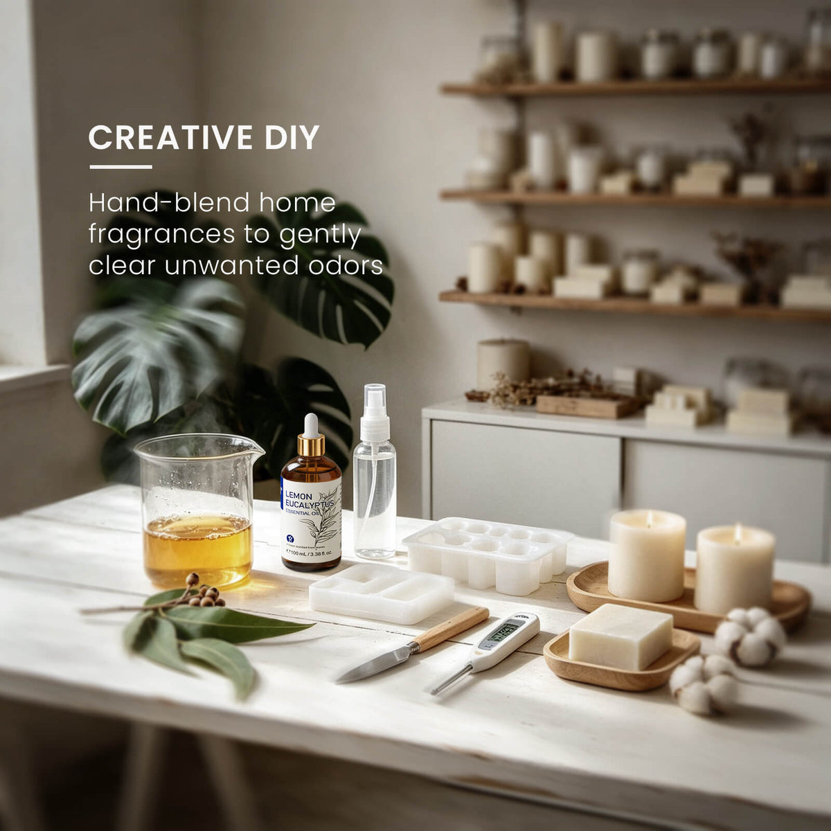 HIQILI Lemon Eucalyptus Essential Oil with spray bottles, candle-making supplies, and DIY home fragrance materials.
