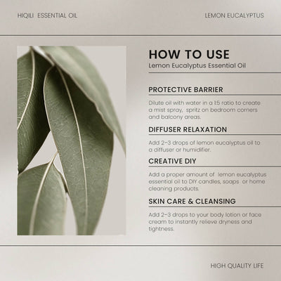 HIQILI Lemon Eucalyptus Essential Oil usage guide featuring diffuser, DIY home fragrance, cleaning, and skincare applications.