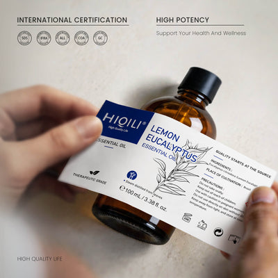 HIQILI Lemon Eucalyptus Essential Oil bottle and product label shown with SDS, IFRA, allergen, COA, and GC certification icons.